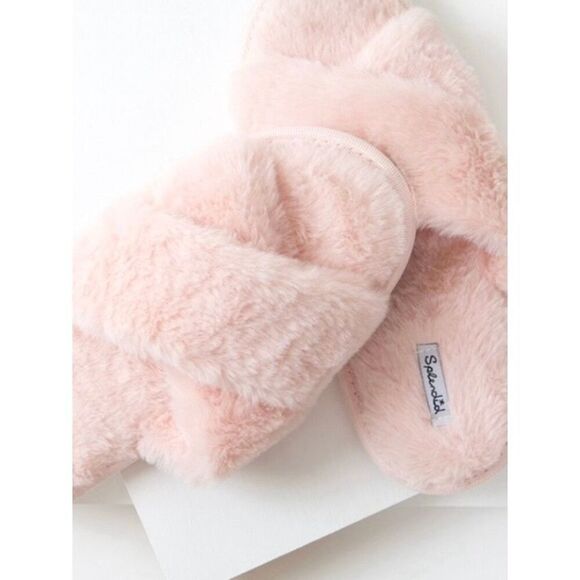 NEW Splendid Women’s S/M Slip On Light Pink Plush Cross Slide Slippers - Picture 2 of 5